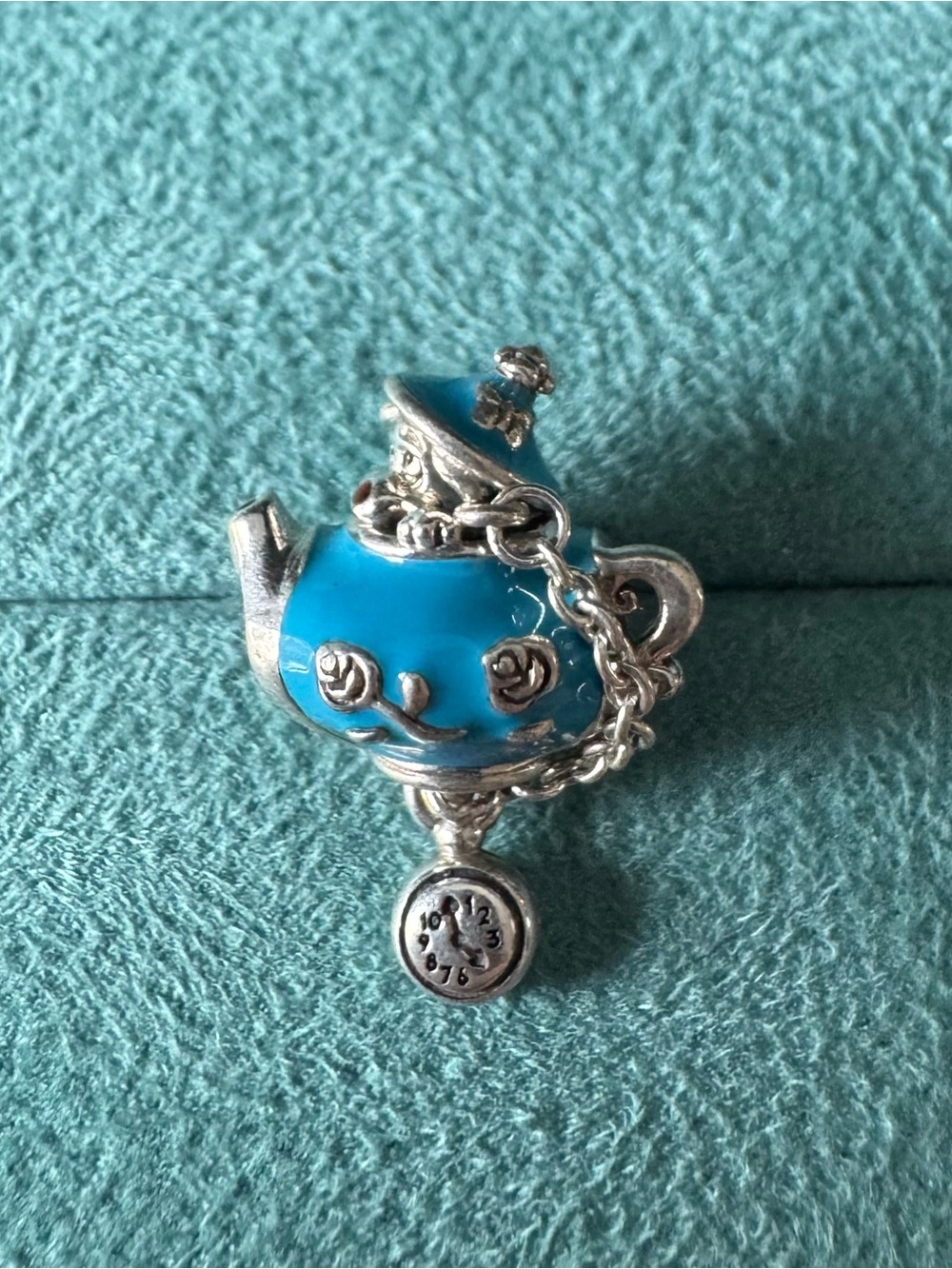 Pandora Turquoise Blue Teapot Charm with Pocket Watch Dangle